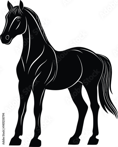 Black Horse Silhouette Vector – Detailed Stallion Illustration with Flowing Mane and Muscular Structure