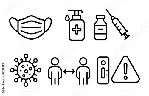 Covid-19 safety icons: mask, hand sanitizer, vaccine, social distancing, test kit alert.