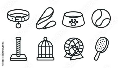 Pet accessories: collar, leash, bowl, ball, scratcher, cage, wheel, brush.