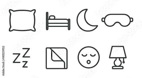 Sleep icon set: pillow, bed, moon, mask, zzz, blanket, sleepy face, lamp.