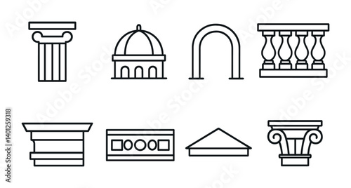 Set of architectural icons: columns, domes, arches, and balustrades in line art.