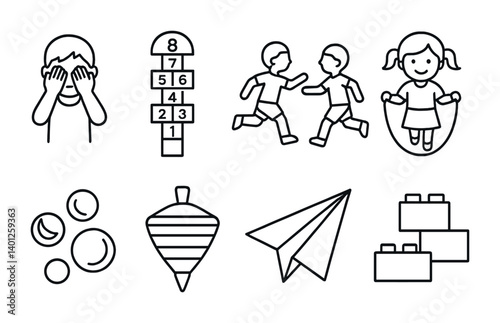 Playful childhood activities: hide, seek, hopscotch, skipping, blowing bubbles, spinning tops, paper planes, building blocks.