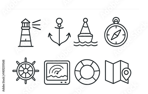 Nautical icon set featuring lighthouse anchor buoy compass wheel radar lifebuoy map.