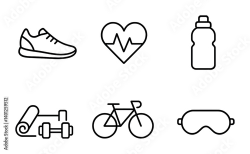 Fitness icons: shoe, heartbeat, water bottle, yoga mat, bicycle, sleep mask.