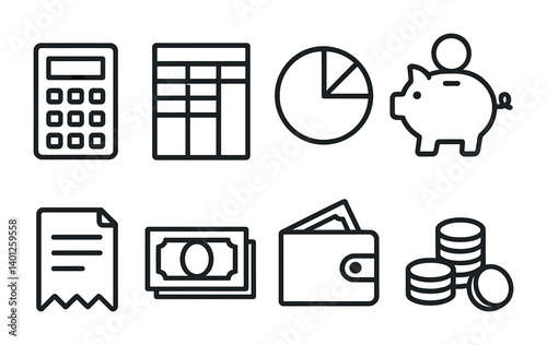 Financial icons: calculator, spreadsheet, chart, piggy bank, receipt, cash, wallet, coins.