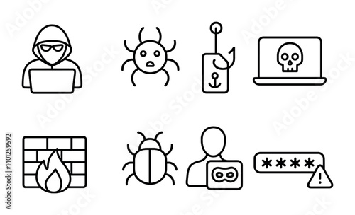 Cybersecurity icons: hacker, virus, phishing, firewall, and secure access symbols.