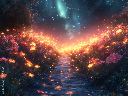 A serene landscape with quantum-infused flowers blooming symmetrically in an endless field, glowing softly under gentle auroras, with energy pulsations gently rippling through the air.