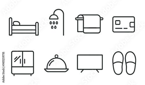 Collection of hotel amenities icons including bed, shower, towels, credit card, wardrobe, meal, tv, slippers.