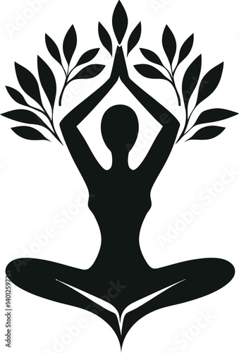 Silhouette of a Person Sitting Cross-Legged in a Meditative Pose with Arms Raised, Stylized to Resemble a Tree with Branches and Leaves