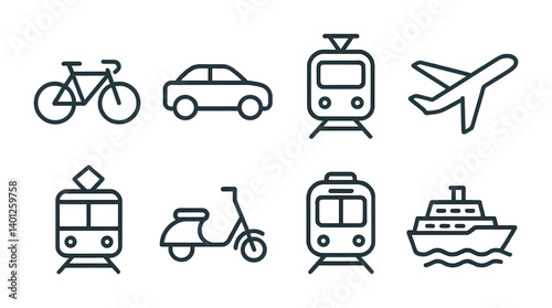 Transportation icons set: bicycle, car, train, airplane, scooter, boat.