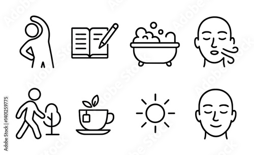 Mindfulness icons: exercise, journaling, relaxation, walking, tea, sun, meditation.