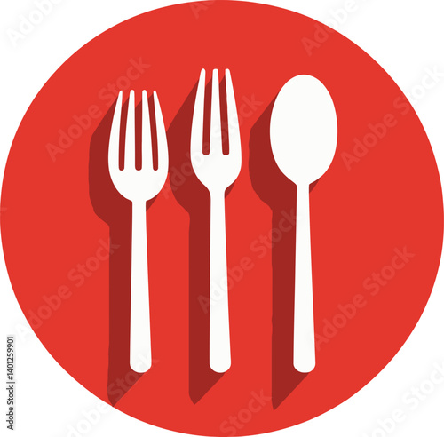 Red Circular Icon Featuring Three White Utensils—Two Forks and One Spoon—Arranged Vertically in a Minimalistic Design
