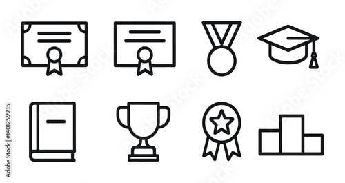 Education and achievement symbols: certificates, medals, and graduation icons.