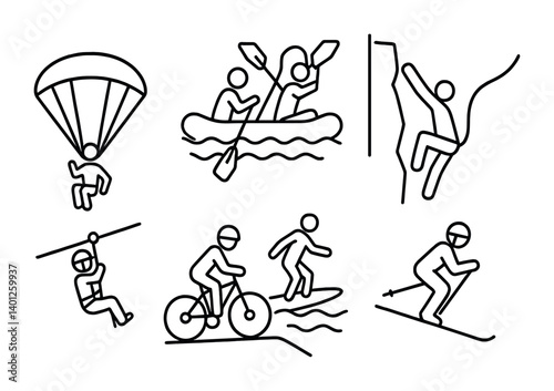 Adventure sports icons: paragliding, rafting, climbing, ziplining, cycling, surfing, skiing.