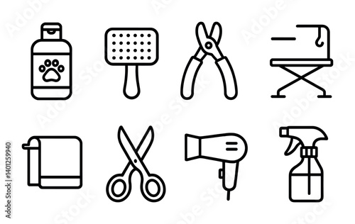 Essential pet grooming tools: brush, clippers, drying, and cleaning supplies.
