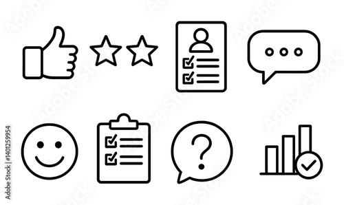 Set of icons: thumbs up, stars, profile, speech bubble, smile, checklist, question mark, graph.