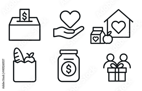 Charity icons: donation box, heart in hand, food bag, financial support.