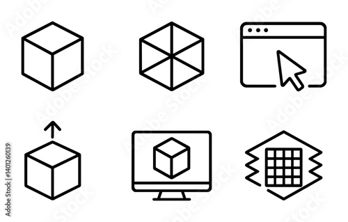 Set of 3d modeling icons: cube, browser, monitor, grid, arrow.