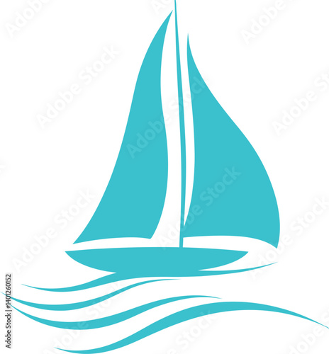 Stylized Illustration of a Light Blue Sailboat with Two Sails, Sailing on Light Blue Waves in a Minimalistic Design