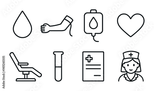 Blood donation symbols including heart, arm, iv bag, test tube, and nurse icon.