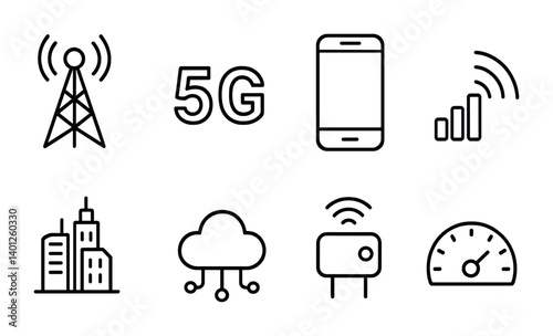 5g technology icons: communication, connectivity, and speed in modern urban environments.