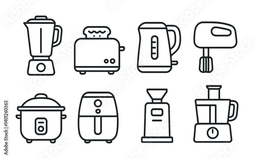 Line art kitchen appliances set: blender, toaster, kettle, mixer, rice cooker, air fryer, grinder, juicer.