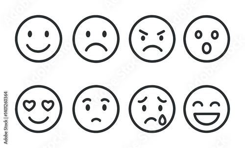 Set of eight simple outline emoji faces displaying various emotions.