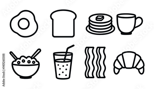 Breakfast icons: eggs, toast, pancakes, coffee, cereal, juice, bacon, croissant.