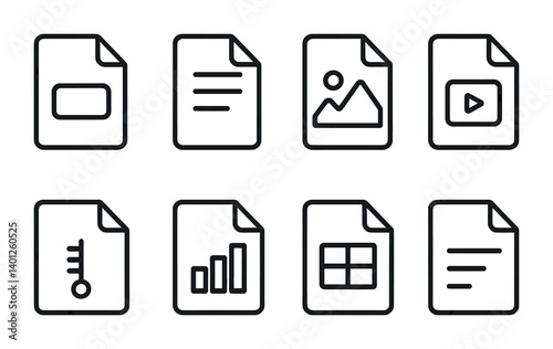 Icon set of document types: text, image, video, graphic, chart, spreadsheet.