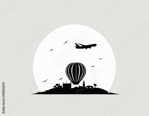 Illustration vectorielle. Silhouette de ballon à air chaud. Transport aérien pour les voyages. Isolé sur fond blanc