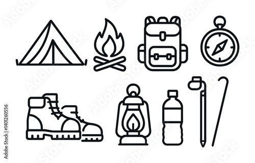 Line art of camping essentials: tent, campfire, backpack, compass, boots, lantern, bottle, trekking pole.