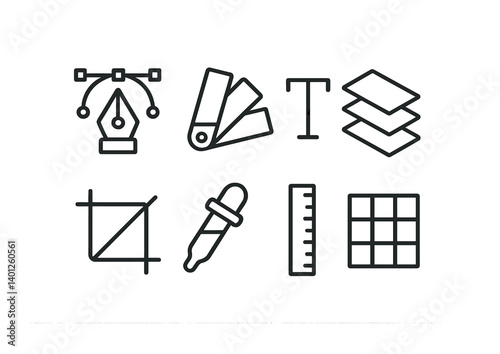 Graphic design tools icons set: layers, pen, ruler, grid, color picker, text, crop, swatches.