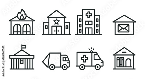 Set of iconic public buildings and services for emergency and communication.