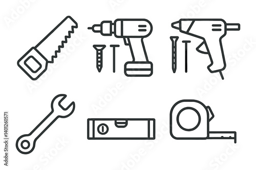 Outline of essential diy tools: saw, drill, glue gun, wrench, level, and tape measure.