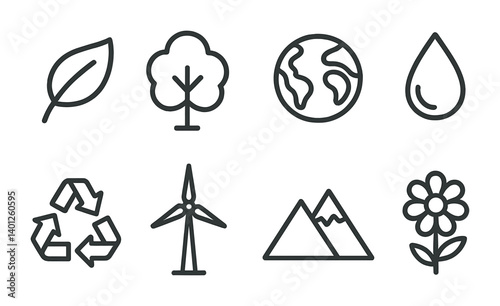 Simple eco-friendly icons: leaf, tree, earth, water, recycling, wind, mountains, flower.
