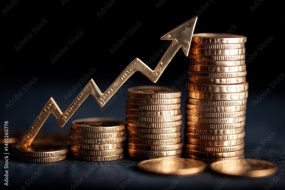 Golden coin stacks with ascending growth arrow on dark background