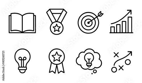 Icon set: book, medal, target, graph, lightbulb, ribbon, thought, strategy.