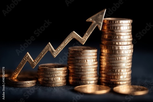 Obraz na płótnie Golden coin stacks with ascending growth arrow on dark background w salonie