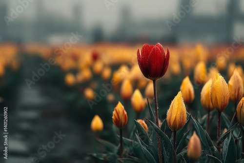 Single perfect red tulip standing taller among yellow tulip field at flower festival