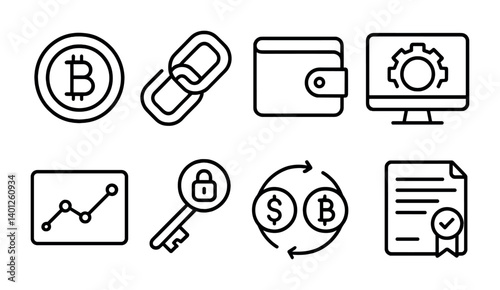 Cryptocurrency icons: bitcoin, blockchain, wallet, exchange, security, contracts.