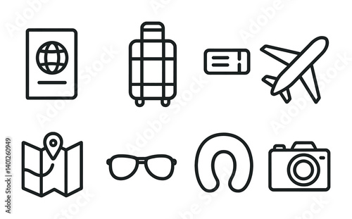 Travel icons set: passport, luggage, ticket, airplane, map, glasses, neck pillow, camera.