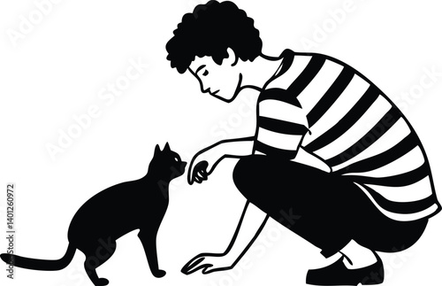 Young Curly Haired Man Squatting with Black Cat on a White Background