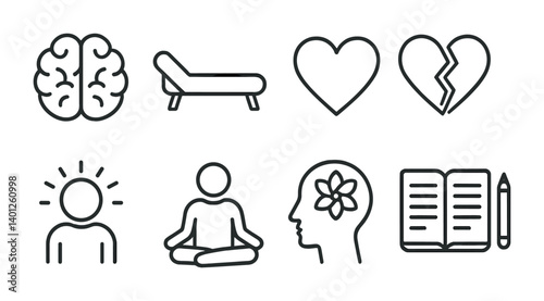 Mental health icons: brain, therapy couch, heart, meditation, wellness symbols.