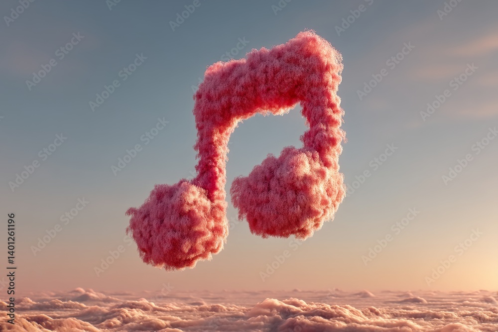 Floating pink cloud shaped like music note against gradient blue sky