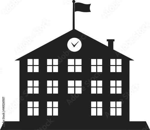 Black Silhouette of a School Building with a Triangular Roof, Clock, Flag on Top, Grid-Pattern Windows, and a Chimney