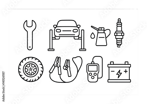 Car maintenance tools and equipment icons including wrench and battery.