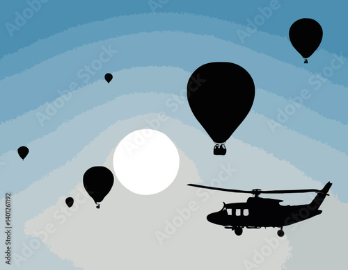 Illustration vectorielle. Silhouette de ballon à air chaud. Transport aérien pour les voyages. Isolé sur fond blanc