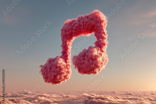 Floating pink cloud shaped like music note against gradient blue sky