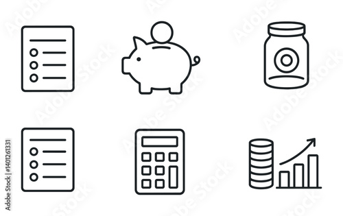 Financial icons: piggy bank, calculator, list, coin jar, bar graph.