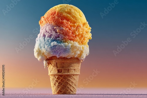 Ice cream cone with melting gradient colors against pastel background